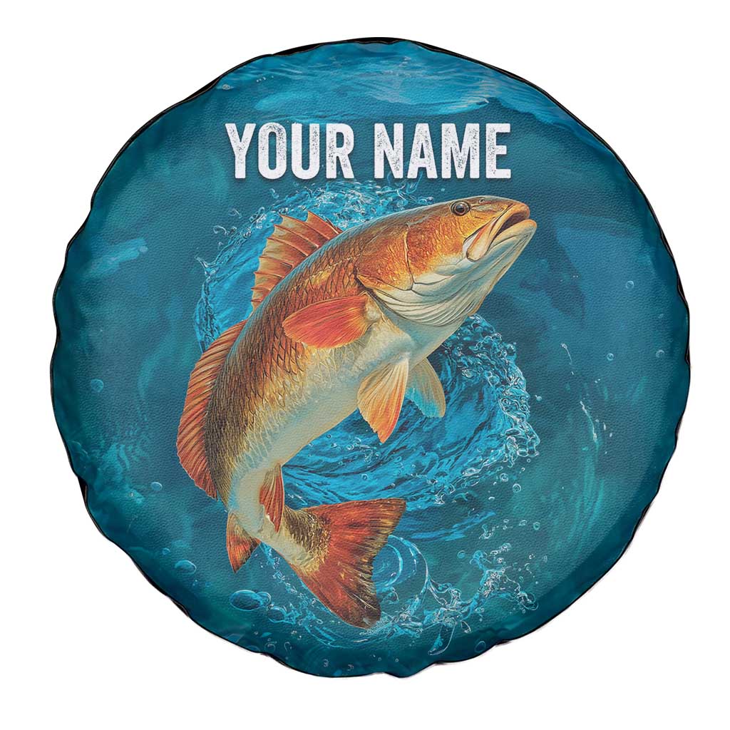 Personalized Redfish Puppy Drum Leaping in Ocean Splash Spare Tire Cover Blue Lightning Water Background Design - Wonder Print Shop
