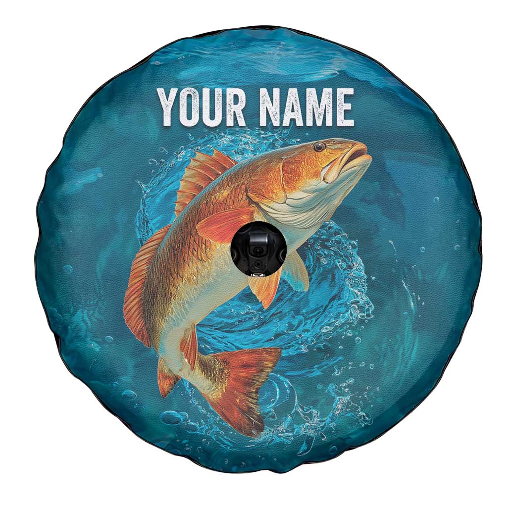 Personalized Redfish Puppy Drum Leaping in Ocean Splash Spare Tire Cover Blue Lightning Water Background Design - Wonder Print Shop