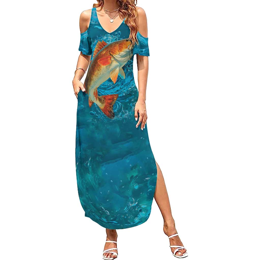 Personalized Redfish Puppy Drum Leaping in Ocean Splash Summer Maxi Dress Blue Lightning Water Background Design - Wonder Print Shop
