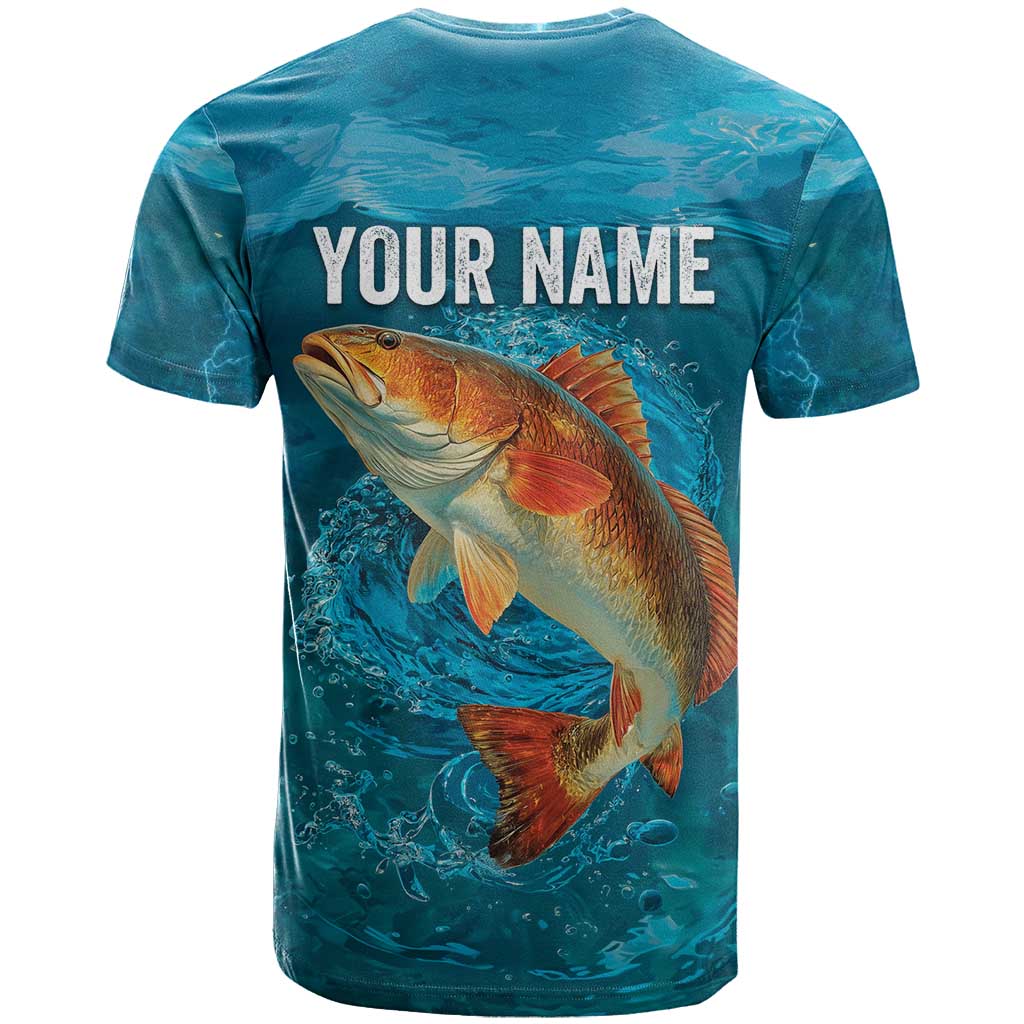Personalized Redfish Puppy Drum Leaping in Ocean Splash T Shirt Blue Lightning Water Background Design - Wonder Print Shop