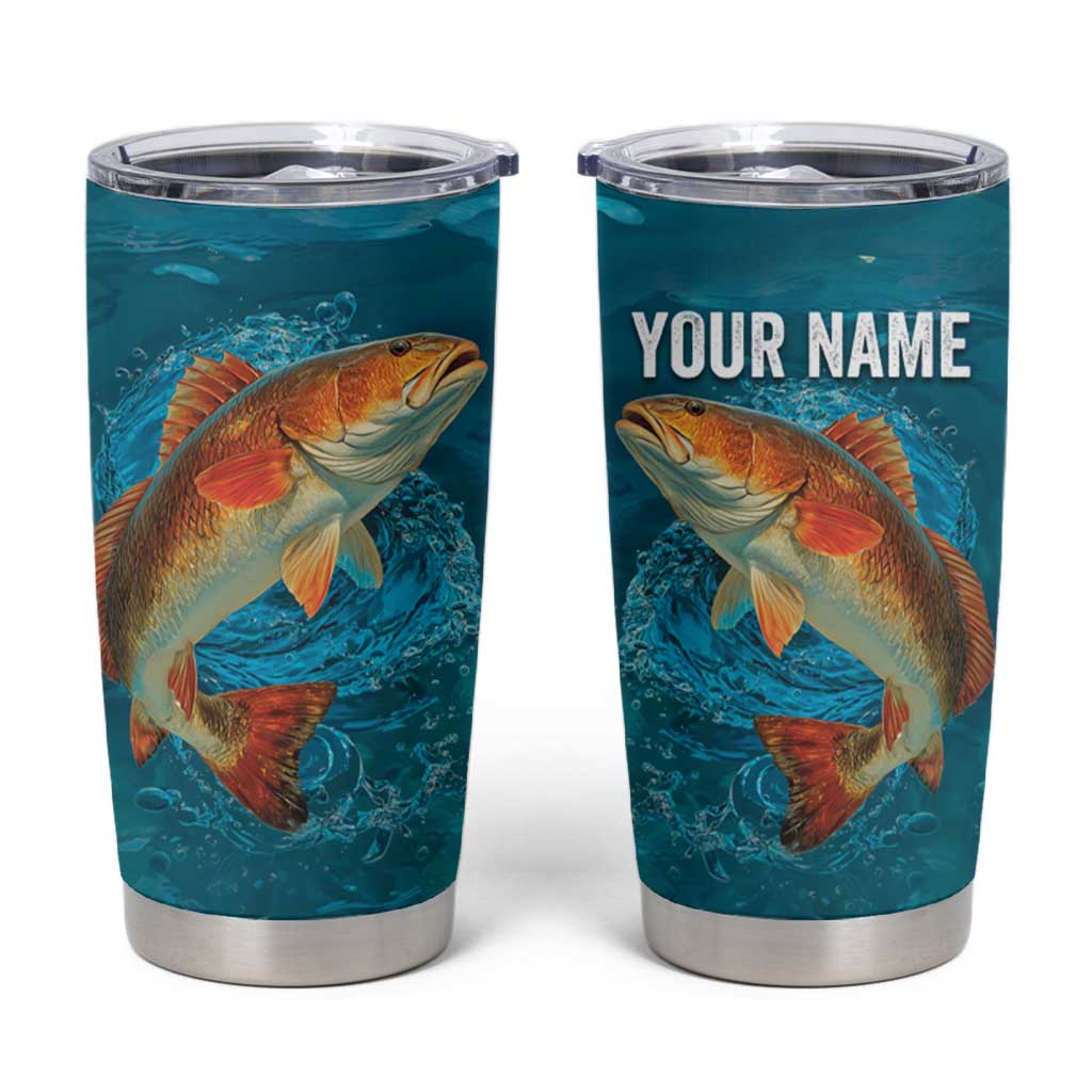 Personalized Redfish Puppy Drum Leaping in Ocean Splash Tumbler Cup Blue Lightning Water Background Design - Wonder Print Shop