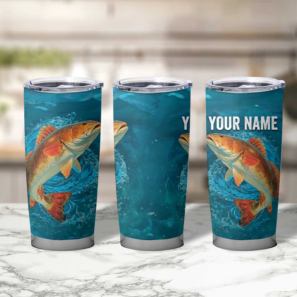 Personalized Redfish Puppy Drum Leaping in Ocean Splash Tumbler Cup Blue Lightning Water Background Design - Wonder Print Shop