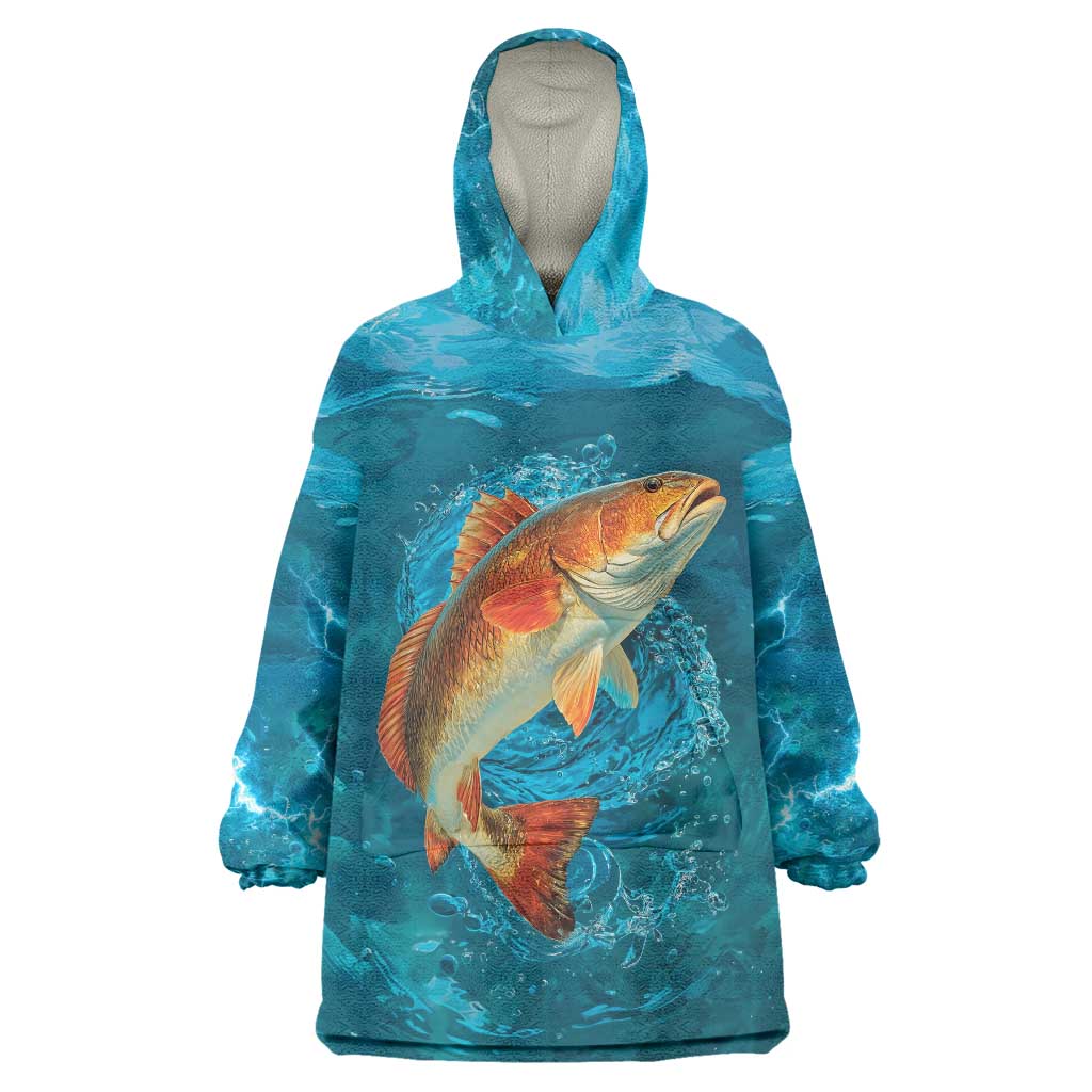 Personalized Redfish Puppy Drum Leaping in Ocean Splash Wearable Blanket Hoodie Blue Lightning Water Background Design - Wonder Print Shop