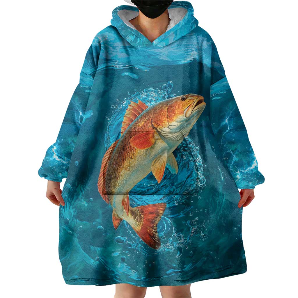 Personalized Redfish Puppy Drum Leaping in Ocean Splash Wearable Blanket Hoodie Blue Lightning Water Background Design - Wonder Print Shop