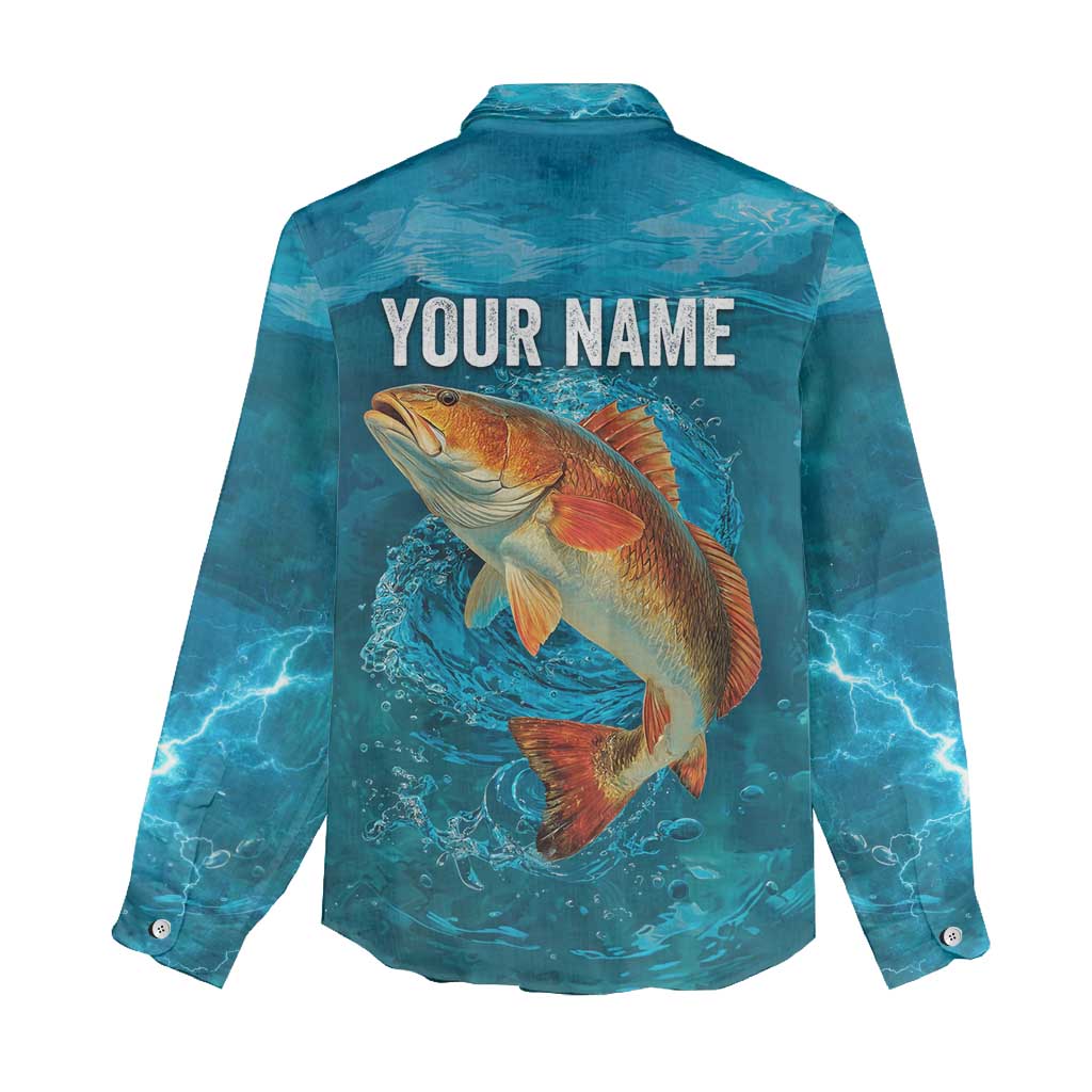 Personalized Redfish Puppy Drum Leaping in Ocean Splash Women Casual Shirt Blue Lightning Water Background Design - Wonder Print Shop