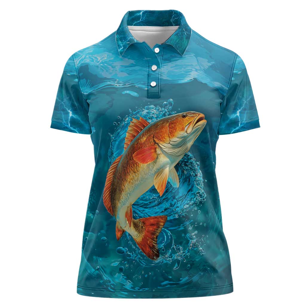 Personalized Redfish Puppy Drum Leaping in Ocean Splash Women Polo Shirt Blue Lightning Water Background Design - Wonder Print Shop