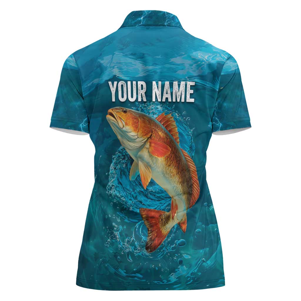 Personalized Redfish Puppy Drum Leaping in Ocean Splash Women Polo Shirt Blue Lightning Water Background Design - Wonder Print Shop
