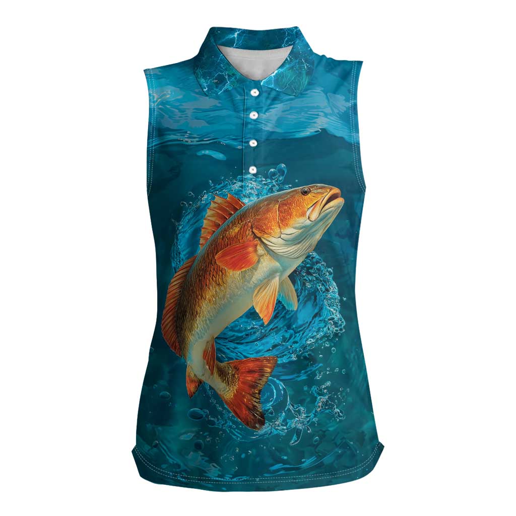 Personalized Redfish Puppy Drum Leaping in Ocean Splash Women Sleeveless Polo Shirt Blue Lightning Water Background Design - Wonder Print Shop