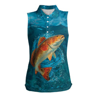 Personalized Redfish Puppy Drum Leaping in Ocean Splash Women Sleeveless Polo Shirt Blue Lightning Water Background Design - Wonder Print Shop