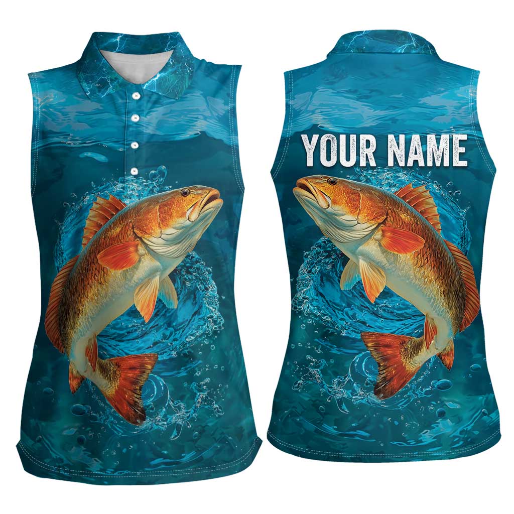 Personalized Redfish Puppy Drum Leaping in Ocean Splash Women Sleeveless Polo Shirt Blue Lightning Water Background Design - Wonder Print Shop