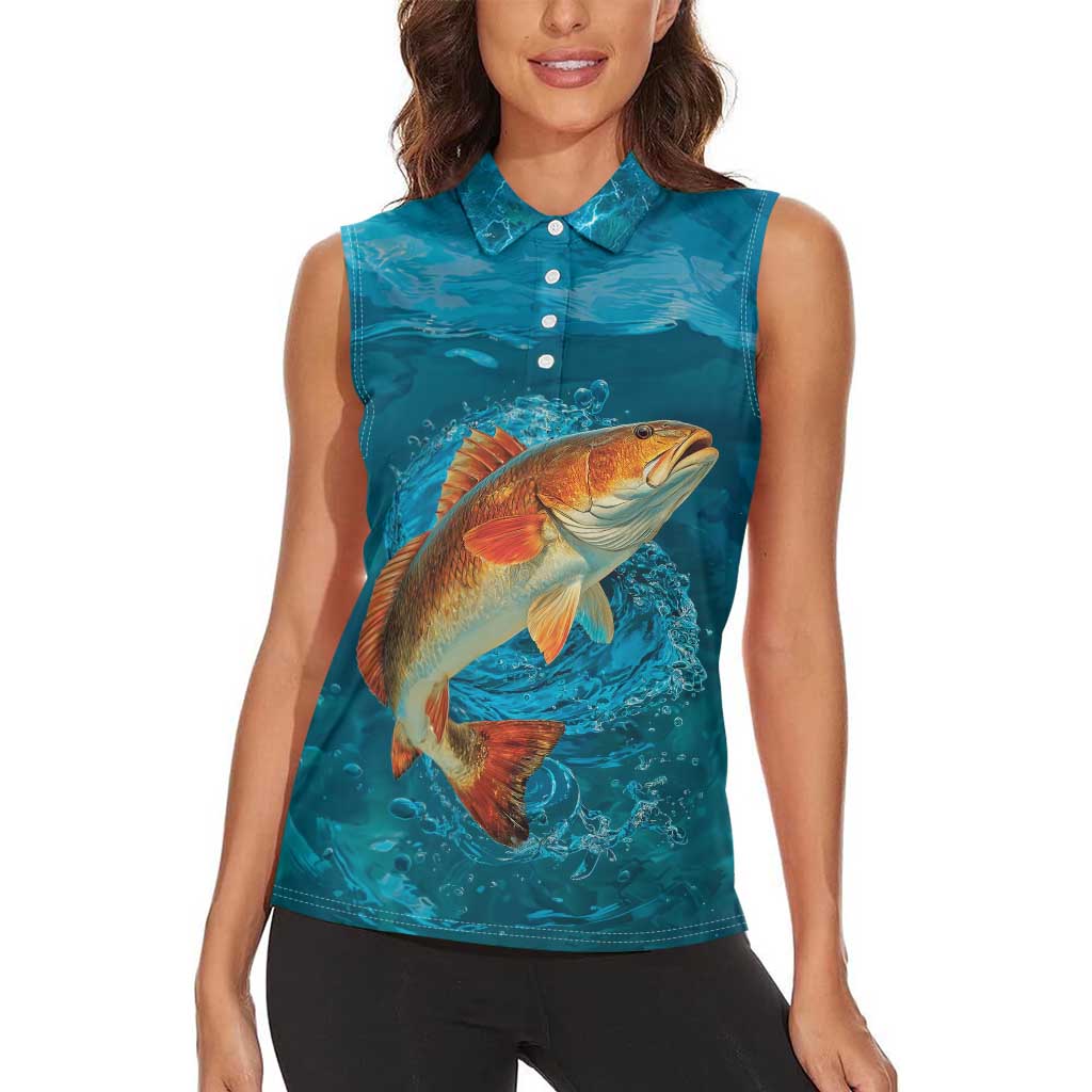 Personalized Redfish Puppy Drum Leaping in Ocean Splash Women Sleeveless Polo Shirt Blue Lightning Water Background Design - Wonder Print Shop