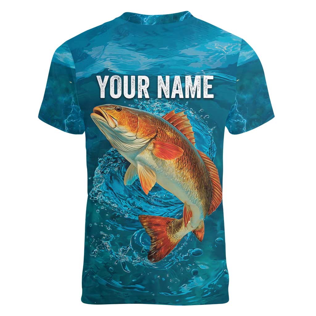 Personalized Redfish Puppy Drum Leaping in Ocean Splash Women V-Neck T-Shirt Blue Lightning Water Background Design - Wonder Print Shop