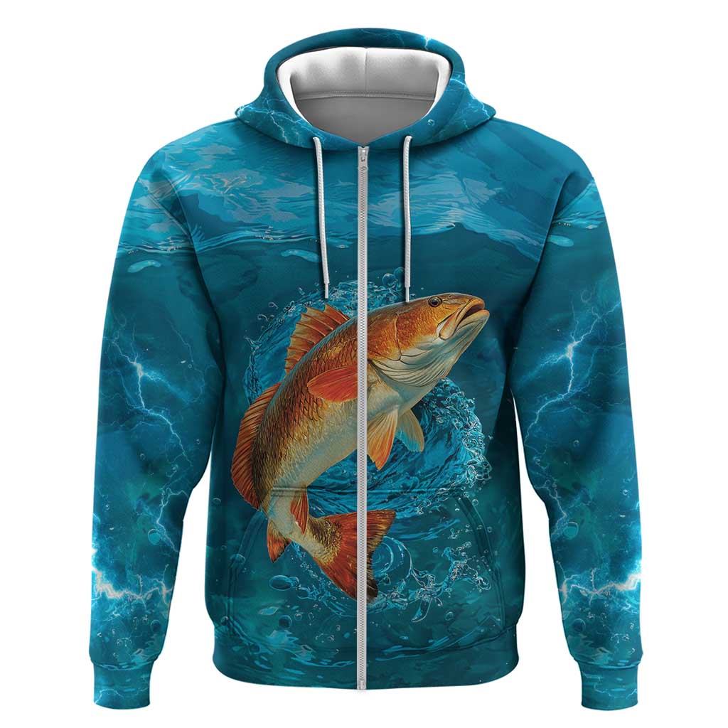 Personalized Redfish Puppy Drum Leaping in Ocean Splash Zip Hoodie Blue Lightning Water Background Design - Wonder Print Shop