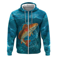 Personalized Redfish Puppy Drum Leaping in Ocean Splash Zip Hoodie Blue Lightning Water Background Design - Wonder Print Shop