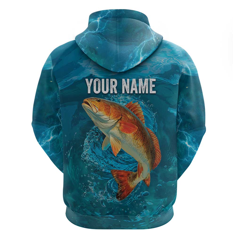 Personalized Redfish Puppy Drum Leaping in Ocean Splash Zip Hoodie Blue Lightning Water Background Design - Wonder Print Shop