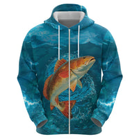 Personalized Redfish Puppy Drum Leaping in Ocean Splash Zip Hoodie Blue Lightning Water Background Design - Wonder Print Shop
