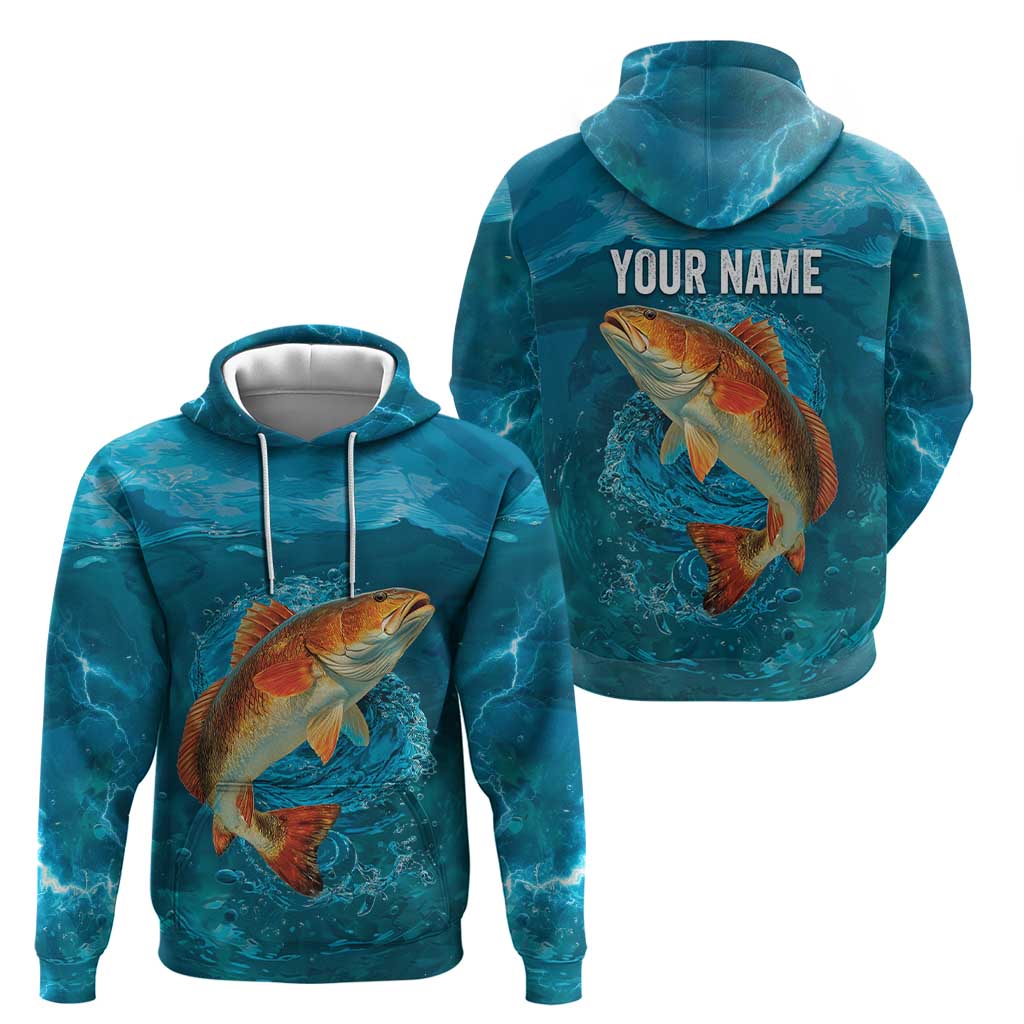 Personalized Redfish Puppy Drum Leaping in Ocean Splash Zip Hoodie Blue Lightning Water Background Design - Wonder Print Shop