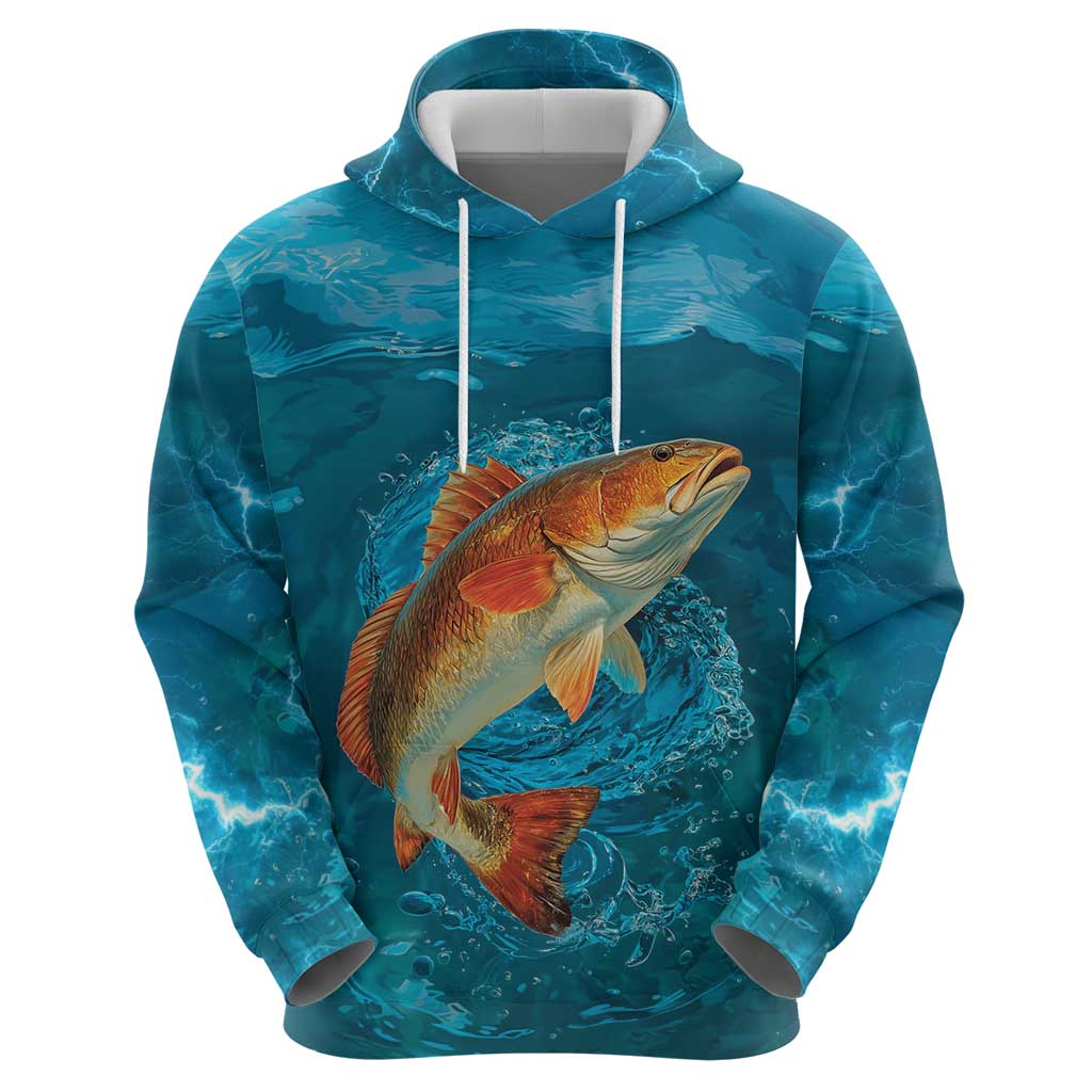 Personalized Redfish Puppy Drum Leaping in Ocean Splash Zip Hoodie Blue Lightning Water Background Design - Wonder Print Shop