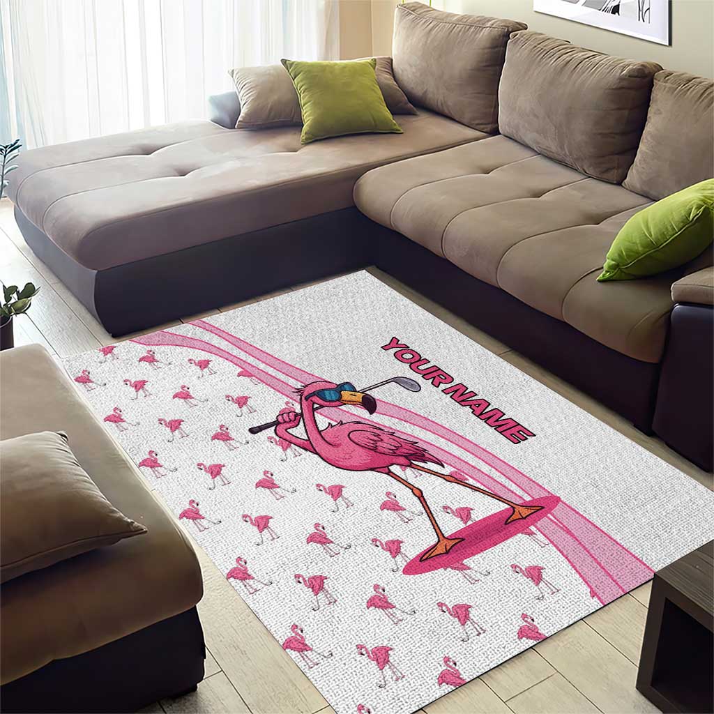Personalized Pink Flamingo Playing Golf Area Rug Sunglasses and White Pattern Background Design - Wonder Print Shop