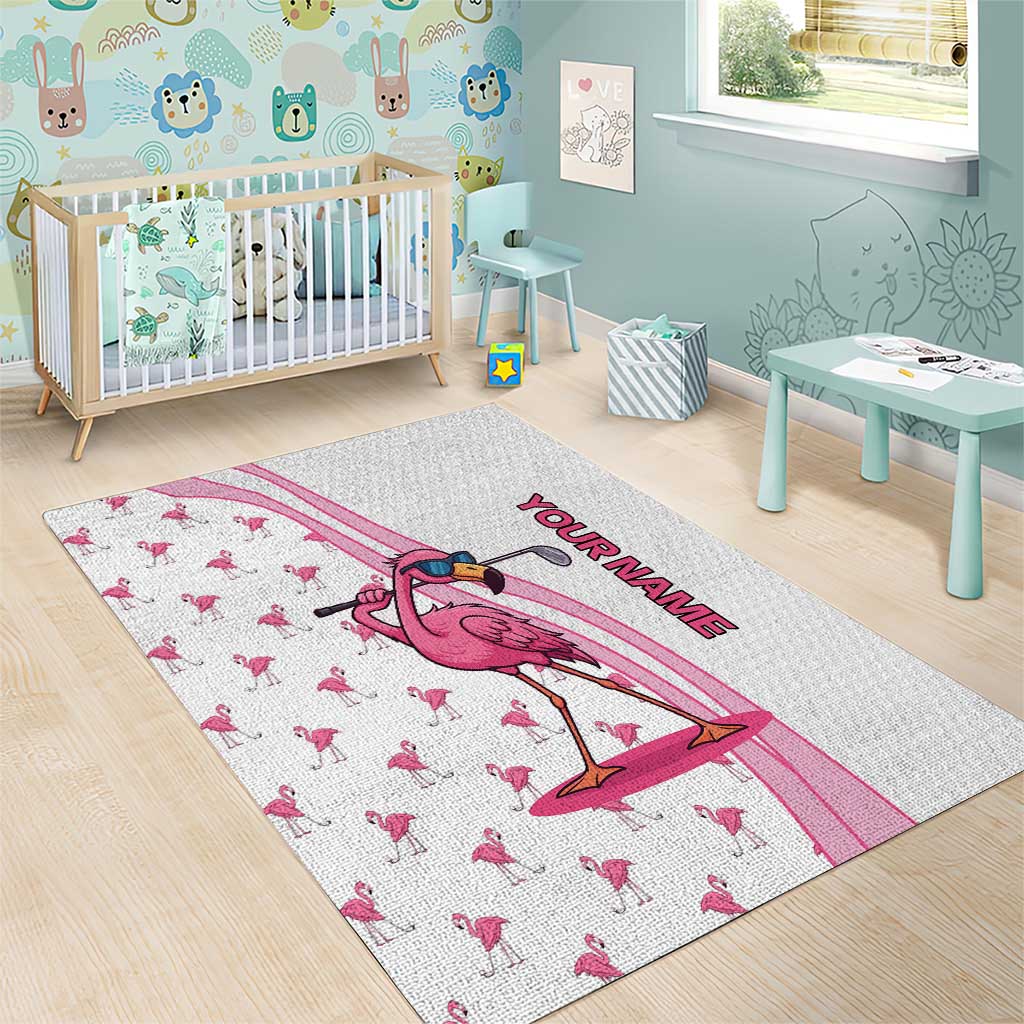 Personalized Pink Flamingo Playing Golf Area Rug Sunglasses and White Pattern Background Design - Wonder Print Shop