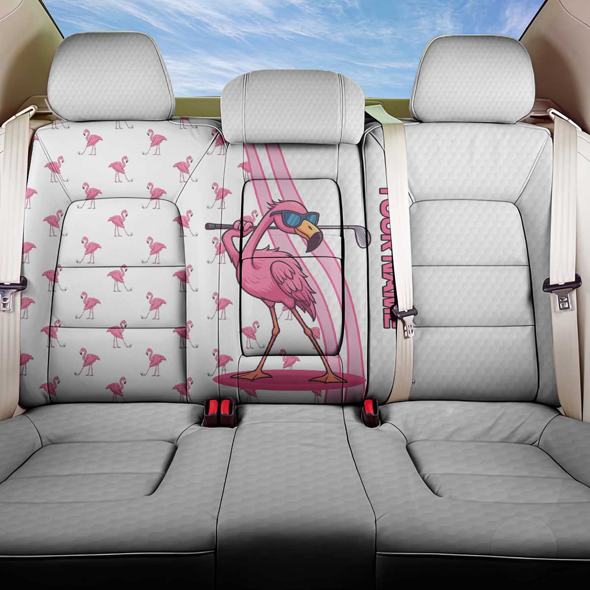 Personalized Pink Flamingo Playing Golf Back Car Seat Cover Sunglasses and White Pattern Background Design - Wonder Print Shop