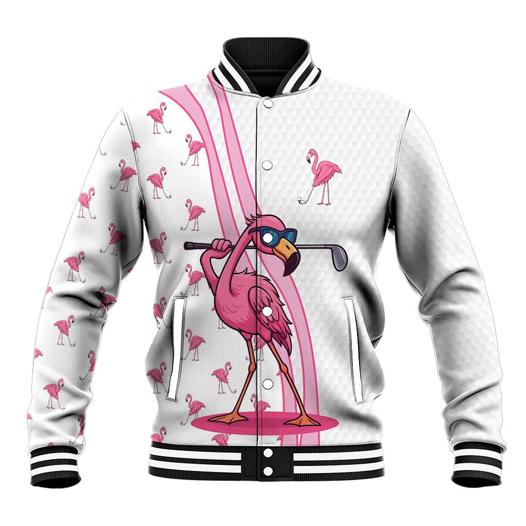 Personalized Pink Flamingo Playing Golf Baseball Jacket Sunglasses and White Pattern Background Design - Wonder Print Shop