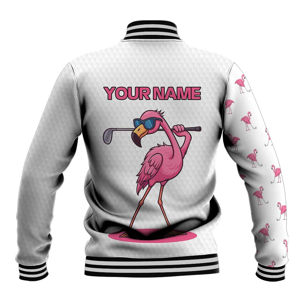 Personalized Pink Flamingo Playing Golf Baseball Jacket Sunglasses and White Pattern Background Design - Wonder Print Shop