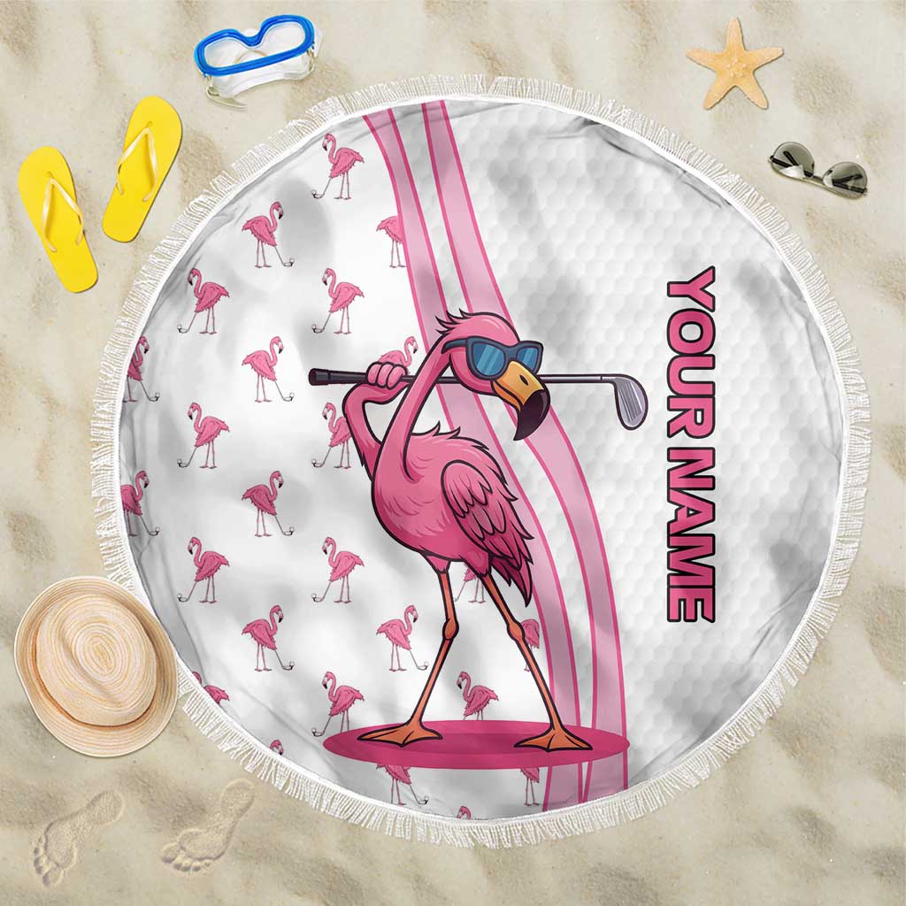 Personalized Pink Flamingo Playing Golf Beach Blanket Sunglasses and White Pattern Background Design - Wonder Print Shop