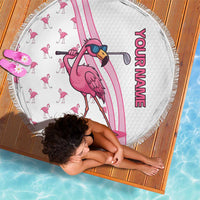Personalized Pink Flamingo Playing Golf Beach Blanket Sunglasses and White Pattern Background Design - Wonder Print Shop