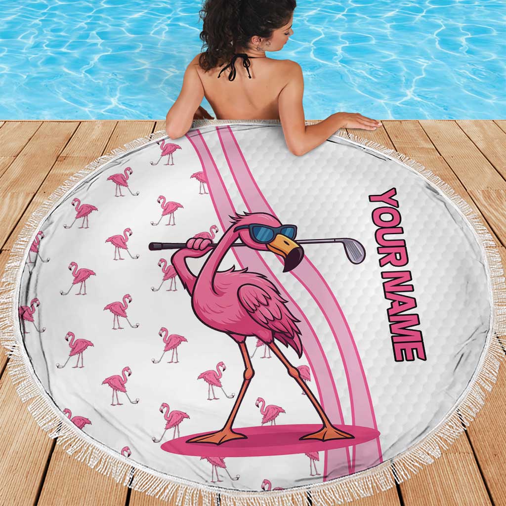 Personalized Pink Flamingo Playing Golf Beach Blanket Sunglasses and White Pattern Background Design - Wonder Print Shop