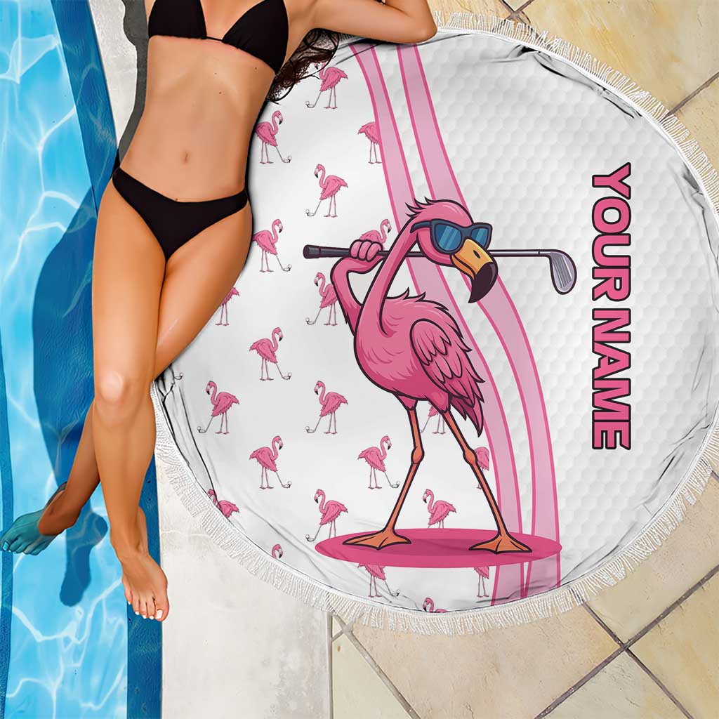 Personalized Pink Flamingo Playing Golf Beach Blanket Sunglasses and White Pattern Background Design - Wonder Print Shop