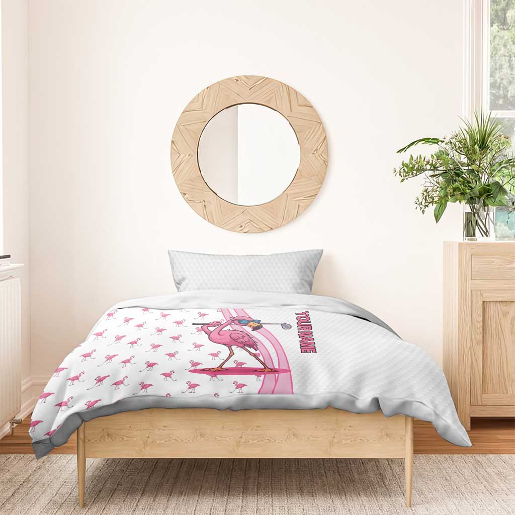 Personalized Pink Flamingo Playing Golf Bedding Set Sunglasses and White Pattern Background Design - Wonder Print Shop