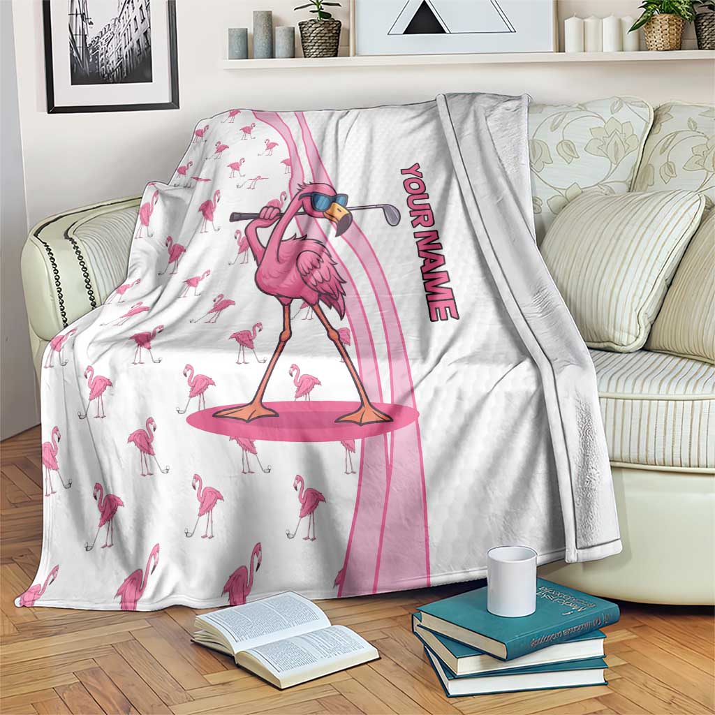 Personalized Pink Flamingo Playing Golf Blanket Sunglasses and White Pattern Background Design - Wonder Print Shop