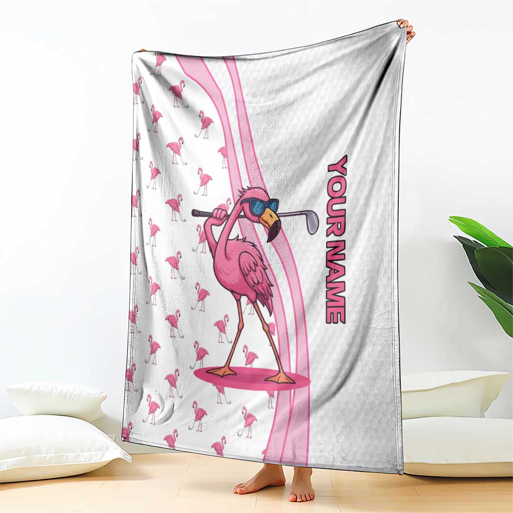 Personalized Pink Flamingo Playing Golf Blanket Sunglasses and White Pattern Background Design - Wonder Print Shop