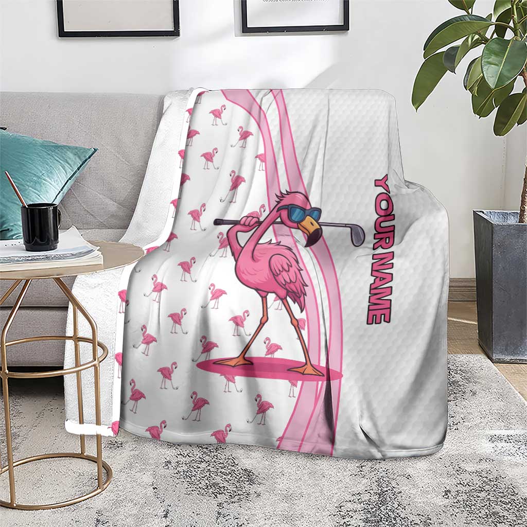 Personalized Pink Flamingo Playing Golf Blanket Sunglasses and White Pattern Background Design - Wonder Print Shop