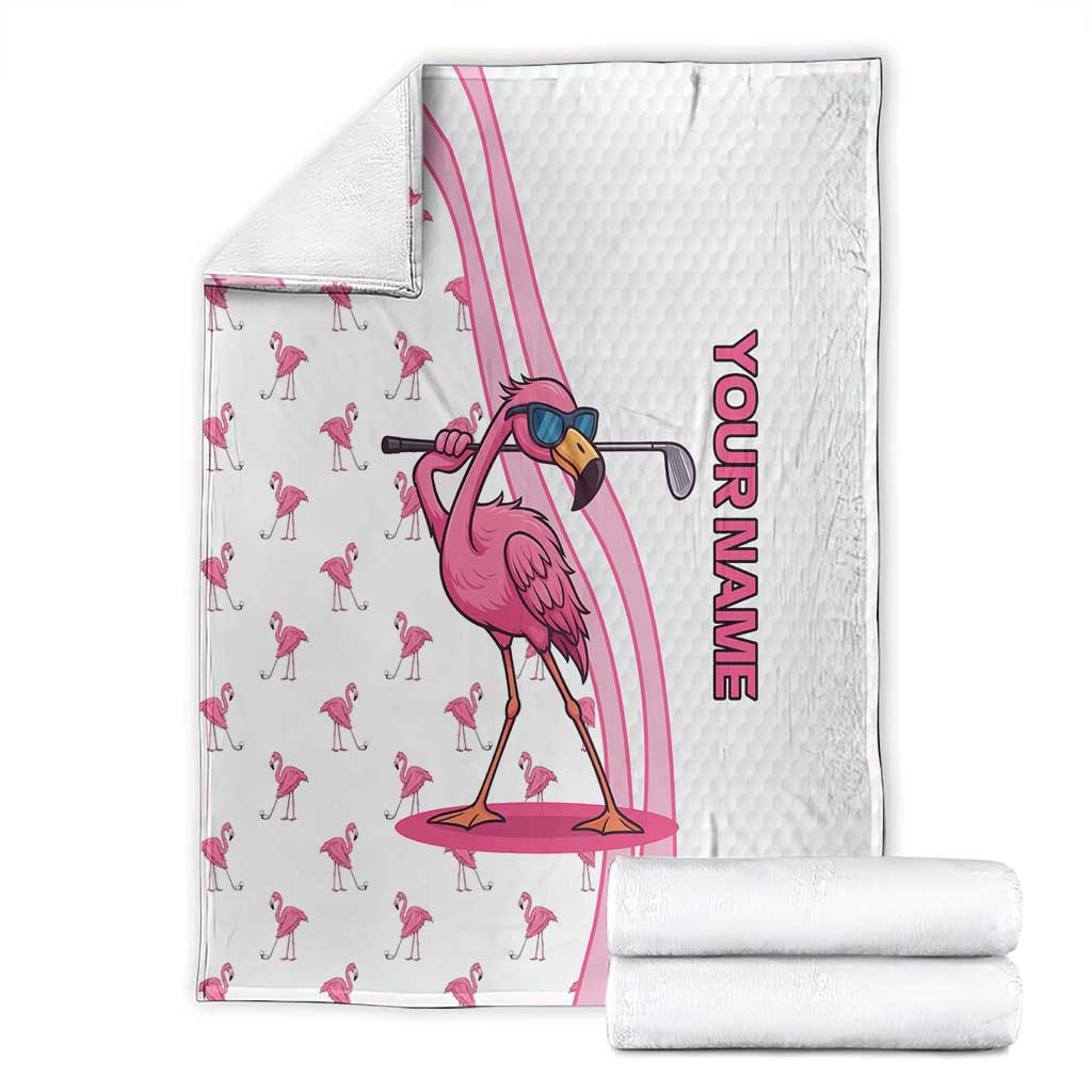 Personalized Pink Flamingo Playing Golf Blanket Sunglasses and White Pattern Background Design - Wonder Print Shop