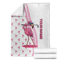 Personalized Pink Flamingo Playing Golf Blanket Sunglasses and White Pattern Background Design - Wonder Print Shop