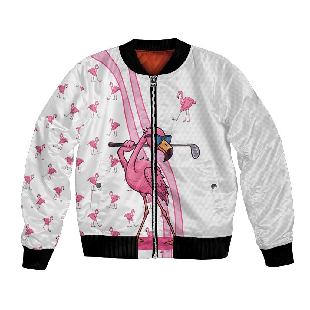 Personalized Pink Flamingo Playing Golf Bomber Jacket Sunglasses and White Pattern Background Design - Wonder Print Shop