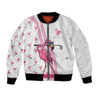 Personalized Pink Flamingo Playing Golf Bomber Jacket Sunglasses and White Pattern Background Design - Wonder Print Shop