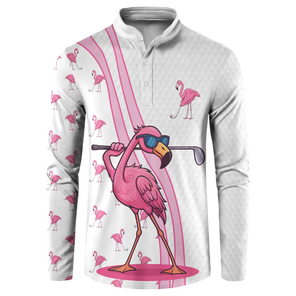 Personalized Pink Flamingo Playing Golf Button Sweatshirt Sunglasses and White Pattern Background Design - Wonder Print Shop