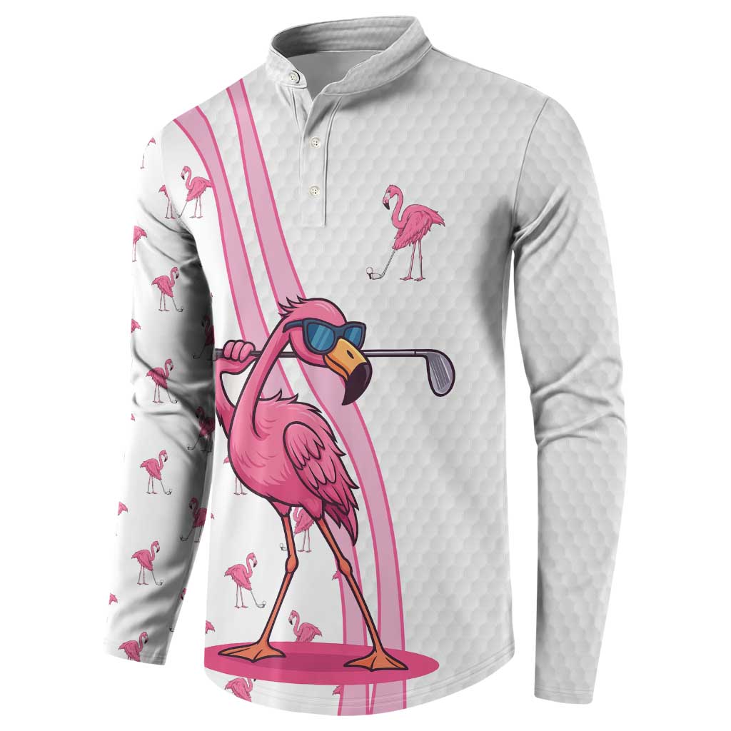 Personalized Pink Flamingo Playing Golf Button Sweatshirt Sunglasses and White Pattern Background Design - Wonder Print Shop