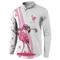 Personalized Pink Flamingo Playing Golf Button Sweatshirt Sunglasses and White Pattern Background Design - Wonder Print Shop