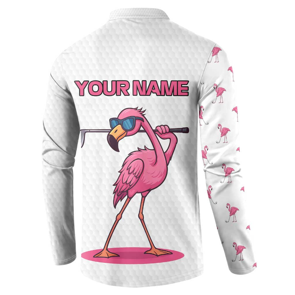 Personalized Pink Flamingo Playing Golf Button Sweatshirt Sunglasses and White Pattern Background Design - Wonder Print Shop