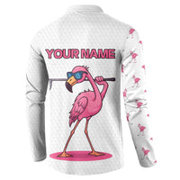 Personalized Pink Flamingo Playing Golf Button Sweatshirt Sunglasses and White Pattern Background Design - Wonder Print Shop