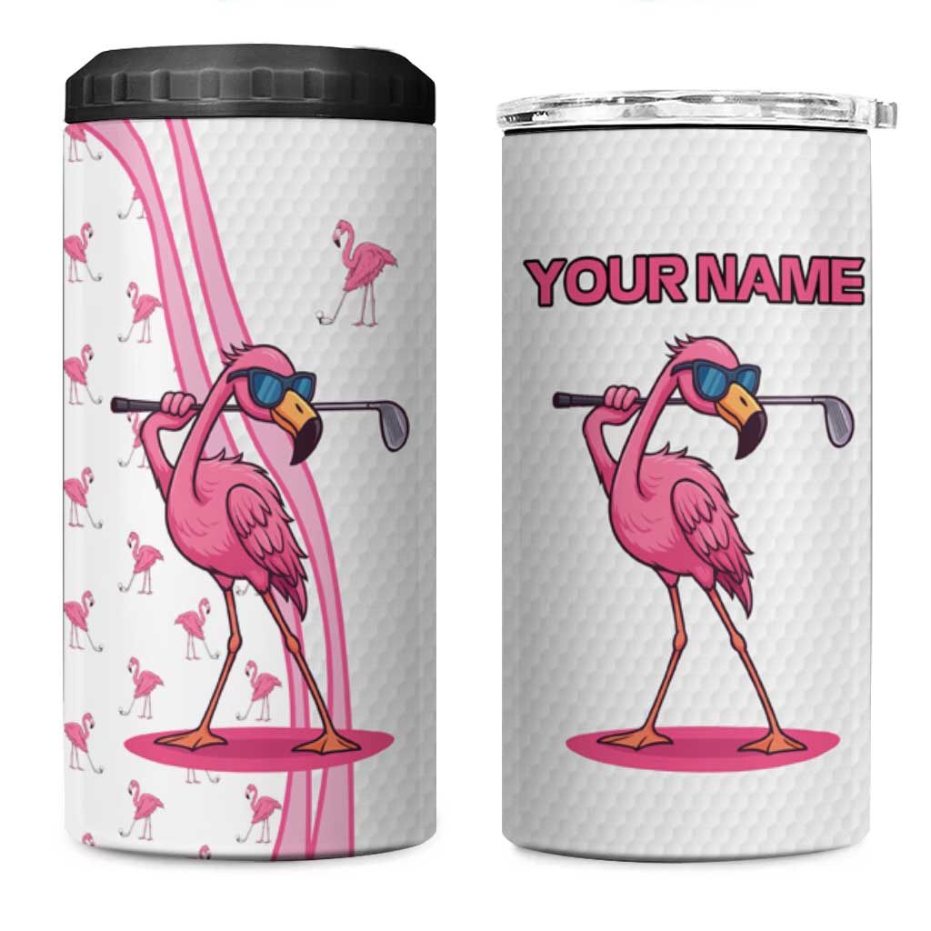 Personalized Pink Flamingo Playing Golf 4 in 1 Can Cooler Tumbler Sunglasses and White Pattern Background Design - Wonder Print Shop