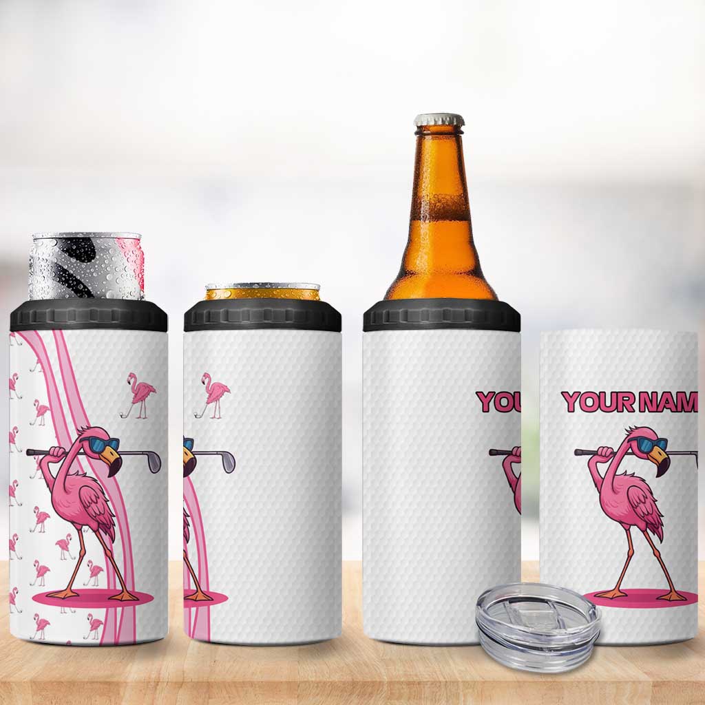 Personalized Pink Flamingo Playing Golf 4 in 1 Can Cooler Tumbler Sunglasses and White Pattern Background Design - Wonder Print Shop