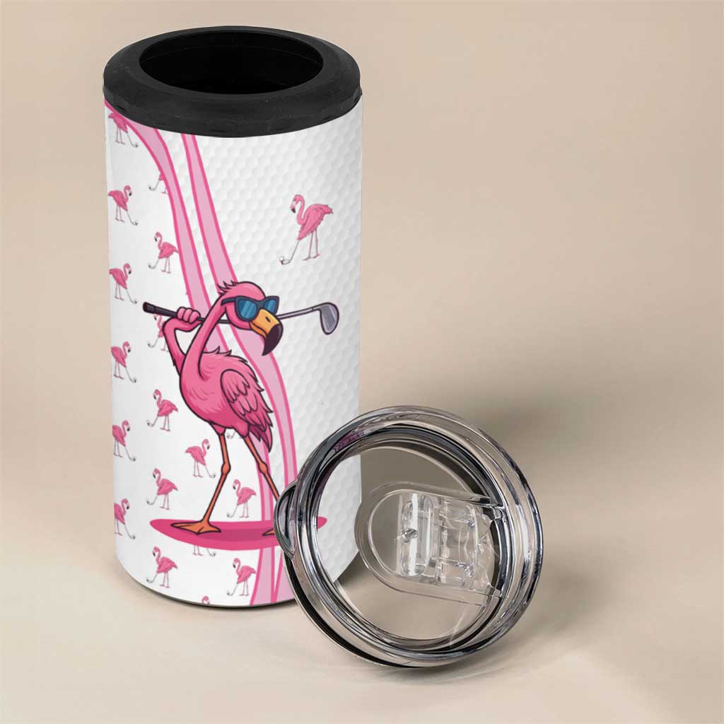Personalized Pink Flamingo Playing Golf 4 in 1 Can Cooler Tumbler Sunglasses and White Pattern Background Design - Wonder Print Shop