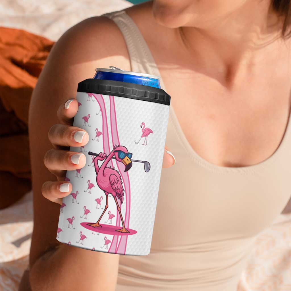 Personalized Pink Flamingo Playing Golf 4 in 1 Can Cooler Tumbler Sunglasses and White Pattern Background Design - Wonder Print Shop