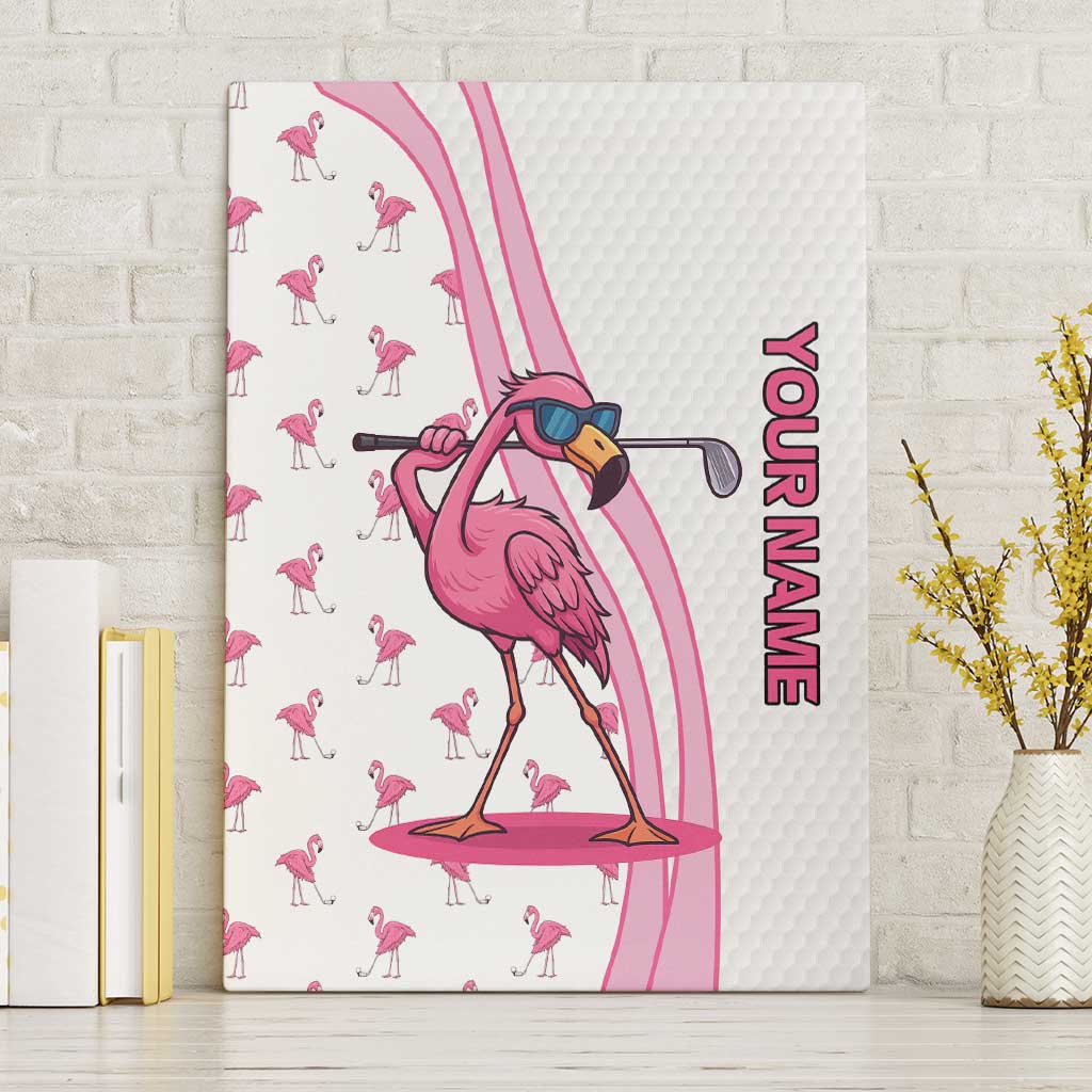 Personalized Pink Flamingo Playing Golf Canvas Wall Art Sunglasses and White Pattern Background Design - Wonder Print Shop