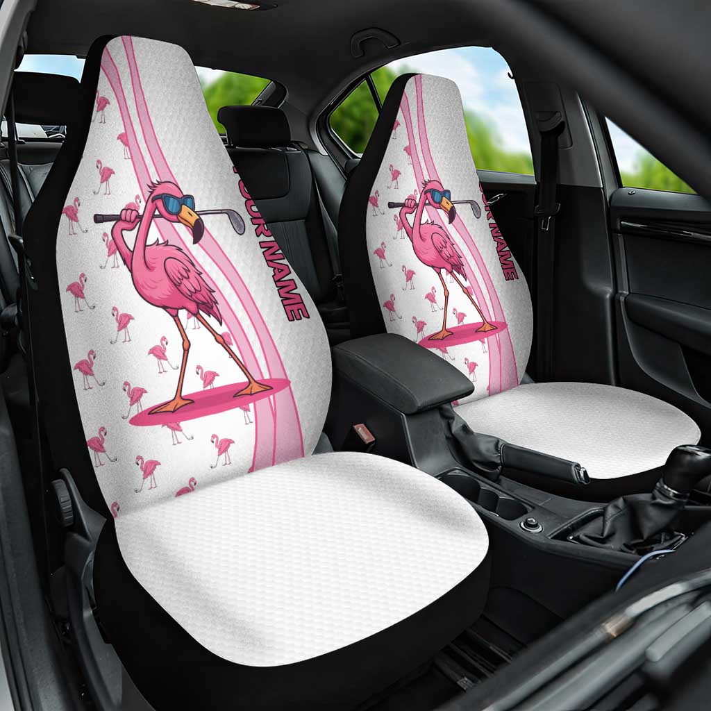 Personalized Pink Flamingo Playing Golf Car Seat Cover Sunglasses and White Pattern Background Design - Wonder Print Shop